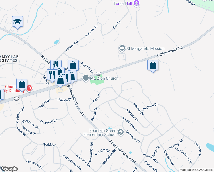 map of restaurants, bars, coffee shops, grocery stores, and more near 1708 Cass Drive in Bel Air
