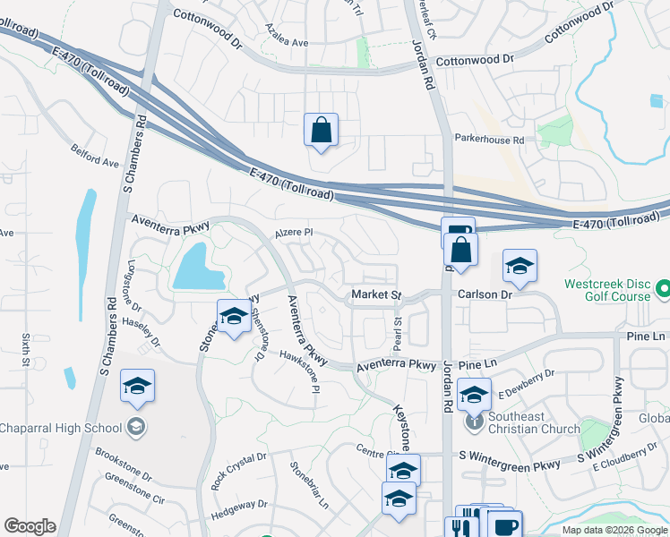 map of restaurants, bars, coffee shops, grocery stores, and more near 9359 Las Ramblas Court in Parker