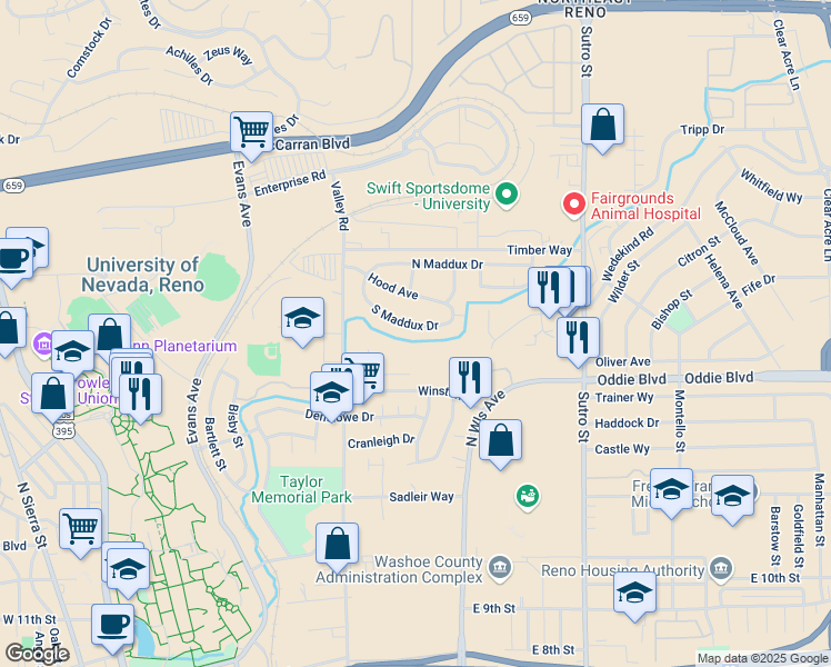 map of restaurants, bars, coffee shops, grocery stores, and more near 118 South Maddux Drive in Reno