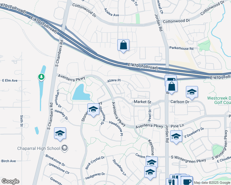 map of restaurants, bars, coffee shops, grocery stores, and more near 9431 Ashbury Circle in Parker