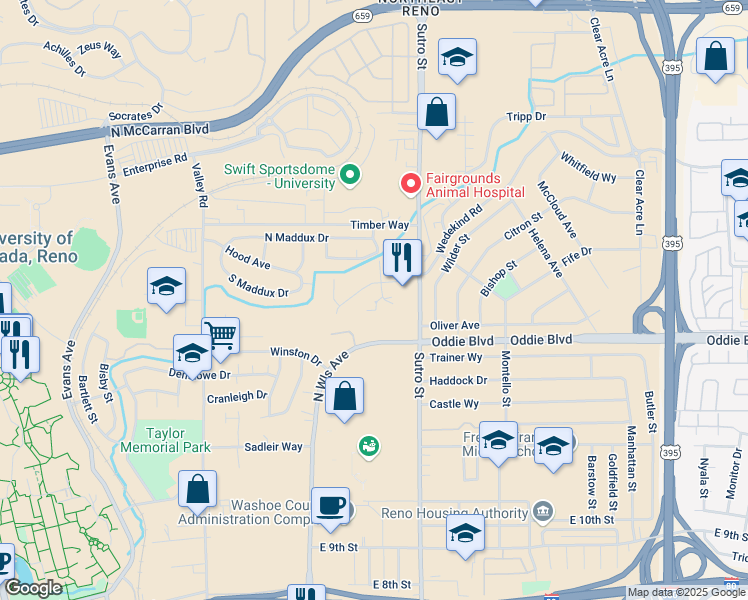 map of restaurants, bars, coffee shops, grocery stores, and more near 1755 North Wells Avenue in Reno