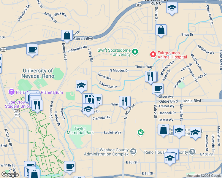 map of restaurants, bars, coffee shops, grocery stores, and more near 118 South Maddux Drive in Reno