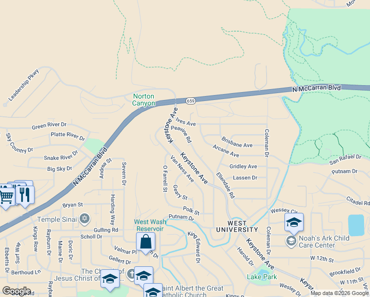 map of restaurants, bars, coffee shops, grocery stores, and more near 2578 Keystone Avenue in Reno