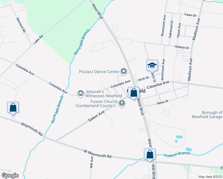 map of restaurants, bars, coffee shops, grocery stores, and more near 15 Oakland Avenue in Newfield