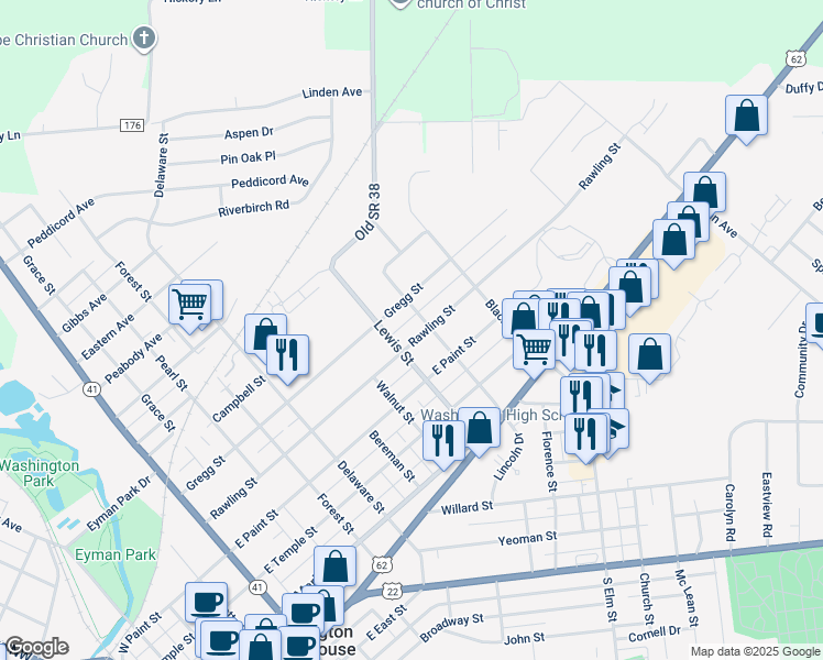 map of restaurants, bars, coffee shops, grocery stores, and more near 422 Lewis Street in Washington Court House