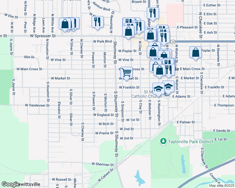 map of restaurants, bars, coffee shops, grocery stores, and more near 706 W Adams St in Taylorville