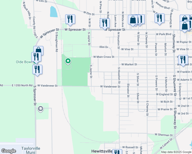 map of restaurants, bars, coffee shops, grocery stores, and more near 1524 West Franklin Street in Taylorville