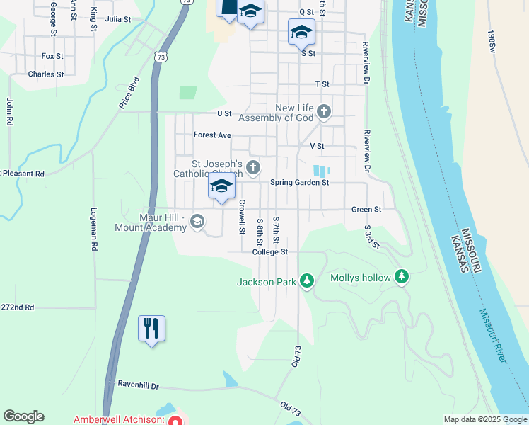 map of restaurants, bars, coffee shops, grocery stores, and more near 1226-1308 S 8th St in Atchison