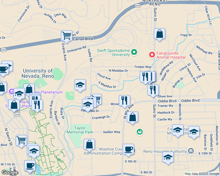 map of restaurants, bars, coffee shops, grocery stores, and more near 118 South Maddux Drive in Reno