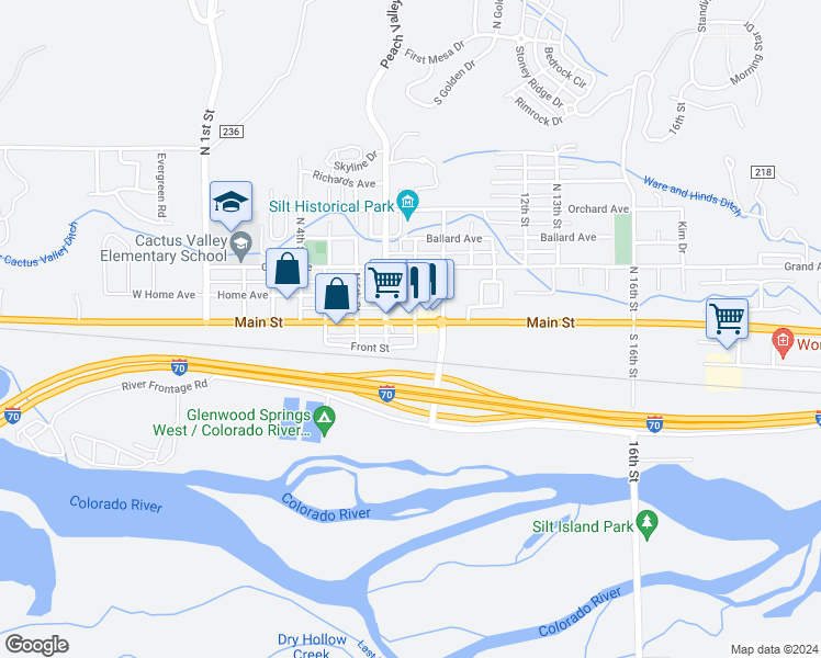 map of restaurants, bars, coffee shops, grocery stores, and more near 710 Main Street in Silt
