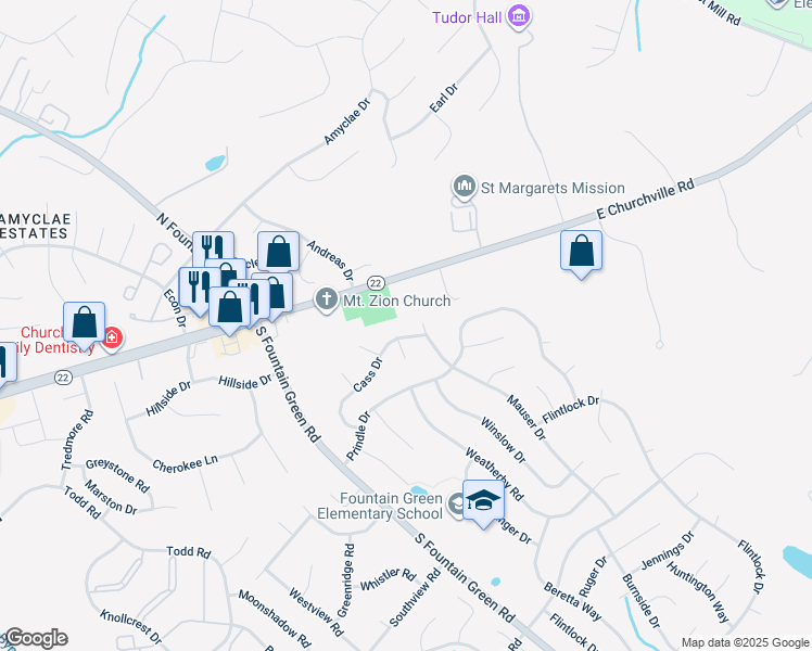 map of restaurants, bars, coffee shops, grocery stores, and more near 1708 Cass Drive in Bel Air