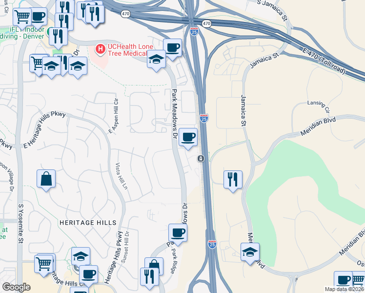 map of restaurants, bars, coffee shops, grocery stores, and more near 10177 Station Way in Lone Tree