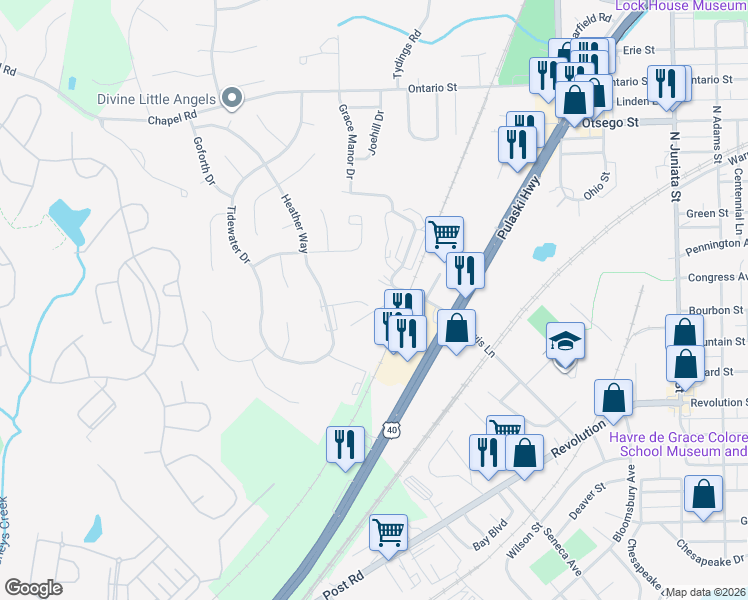 map of restaurants, bars, coffee shops, grocery stores, and more near 545 Hall Court in Havre de Grace