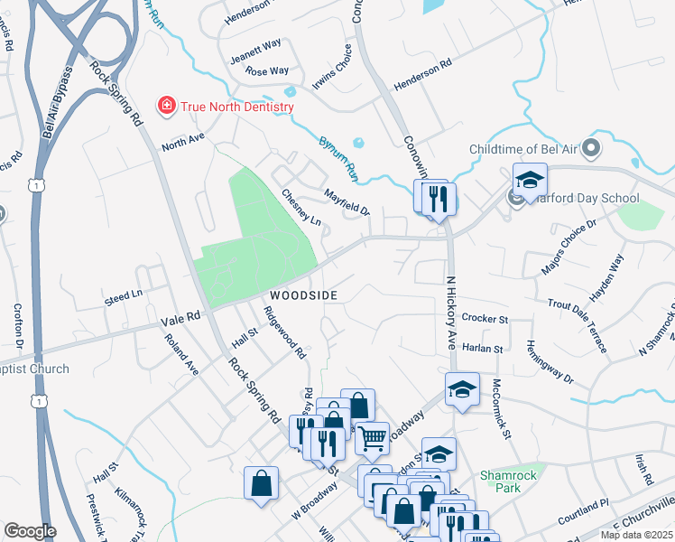 map of restaurants, bars, coffee shops, grocery stores, and more near 401 Moores Mill Road in Bel Air