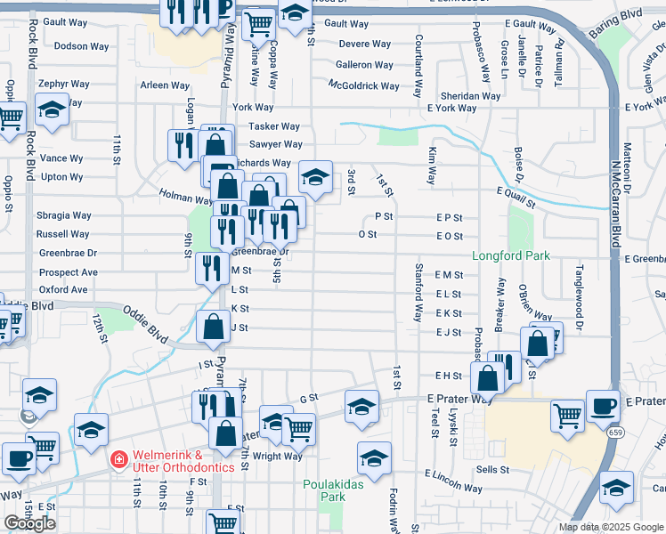 map of restaurants, bars, coffee shops, grocery stores, and more near 1602 4th Street in Sparks