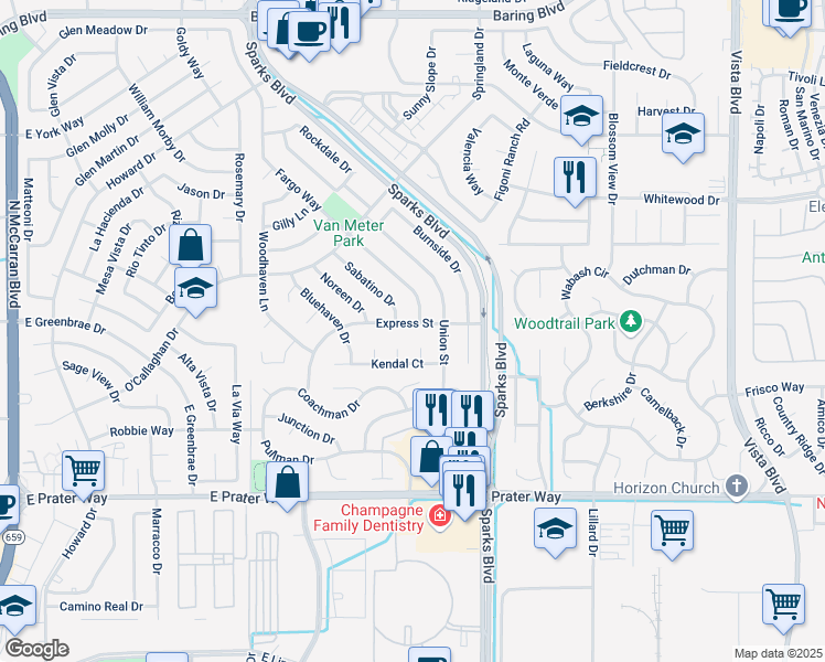 map of restaurants, bars, coffee shops, grocery stores, and more near 1651 Fargo Way in Sparks