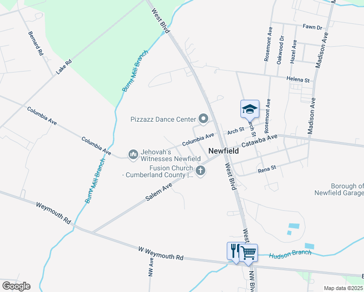 map of restaurants, bars, coffee shops, grocery stores, and more near 202 Columbia Avenue in Newfield