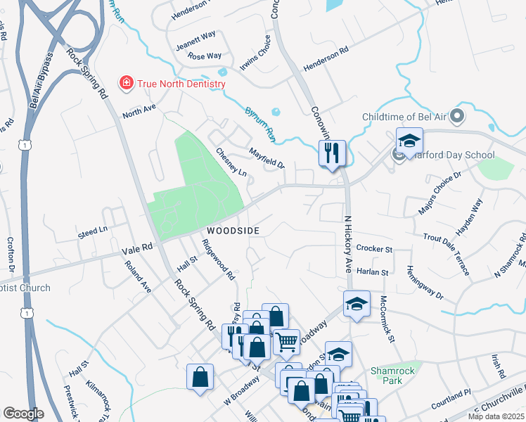 map of restaurants, bars, coffee shops, grocery stores, and more near 401 Moores Mill Road in Bel Air