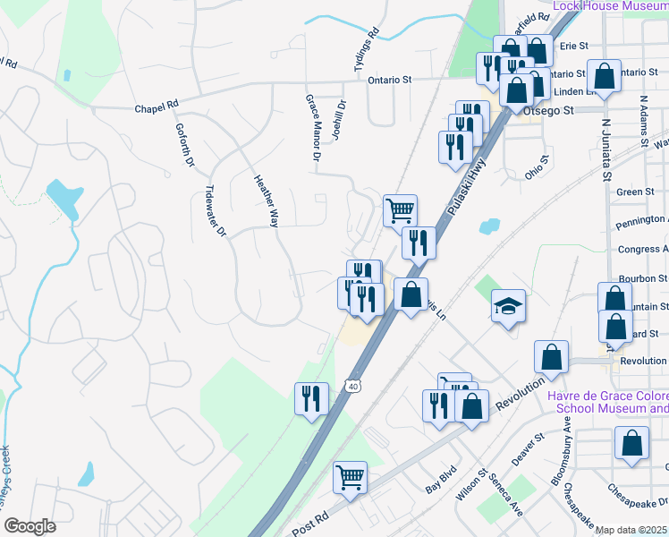 map of restaurants, bars, coffee shops, grocery stores, and more near 545 Hall Court in Havre de Grace