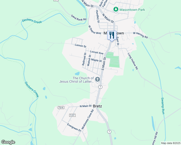 map of restaurants, bars, coffee shops, grocery stores, and more near 28 Cherry Street in Masontown