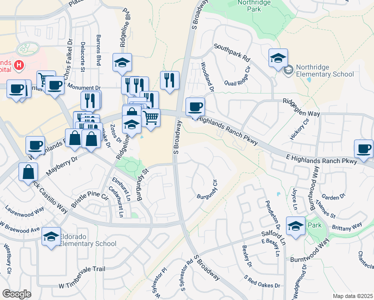 map of restaurants, bars, coffee shops, grocery stores, and more near 9200 South Broadway in Highlands Ranch