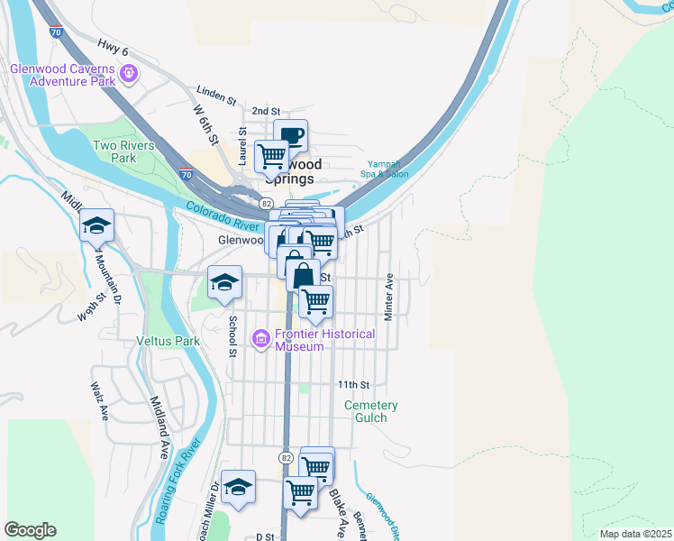 map of restaurants, bars, coffee shops, grocery stores, and more near 723 Bennett Avenue in Glenwood Springs
