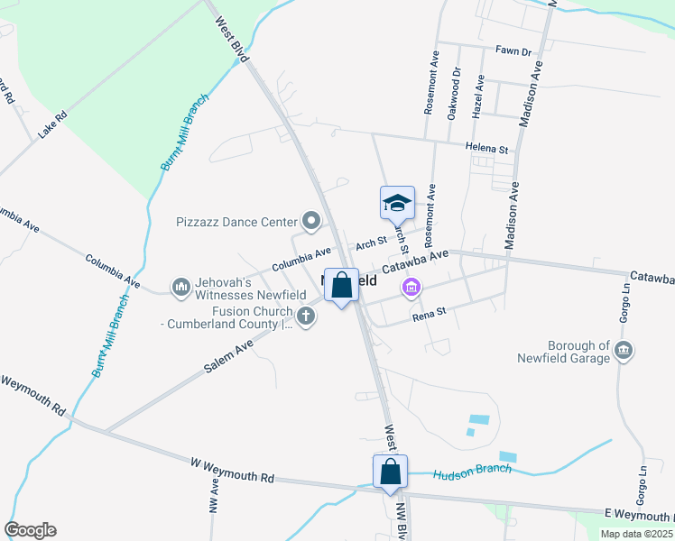 map of restaurants, bars, coffee shops, grocery stores, and more near 12 West Boulevard in Newfield