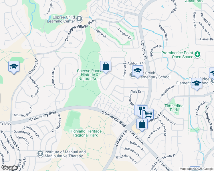 map of restaurants, bars, coffee shops, grocery stores, and more near 9358 Cornell Circle in Littleton