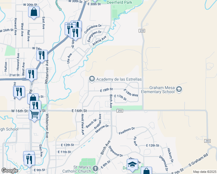 map of restaurants, bars, coffee shops, grocery stores, and more near 1821 Birch Avenue in Rifle