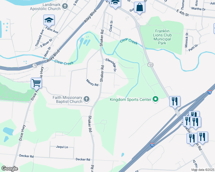 map of restaurants, bars, coffee shops, grocery stores, and more near 7116 Shaker Road in Franklin