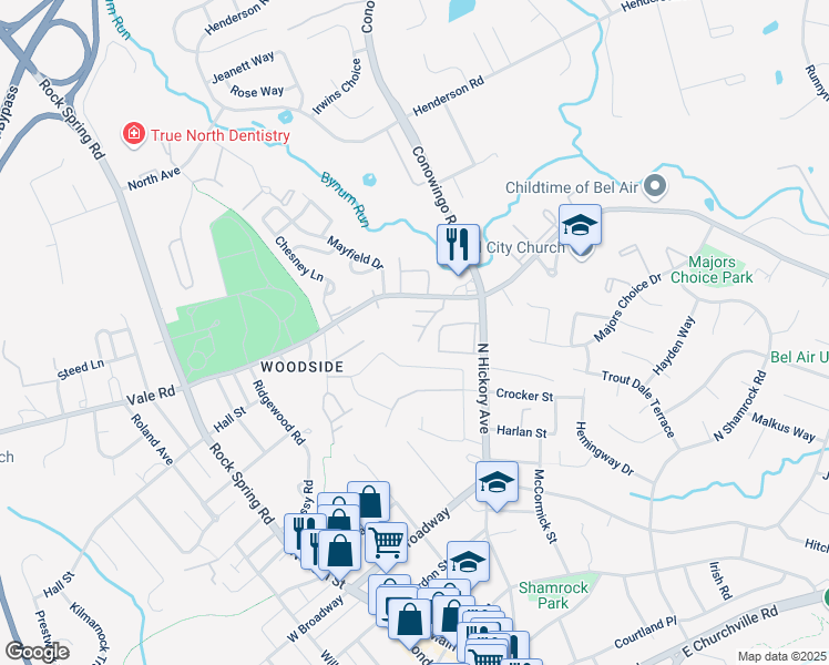 map of restaurants, bars, coffee shops, grocery stores, and more near 485 Moores Mill Road in Bel Air