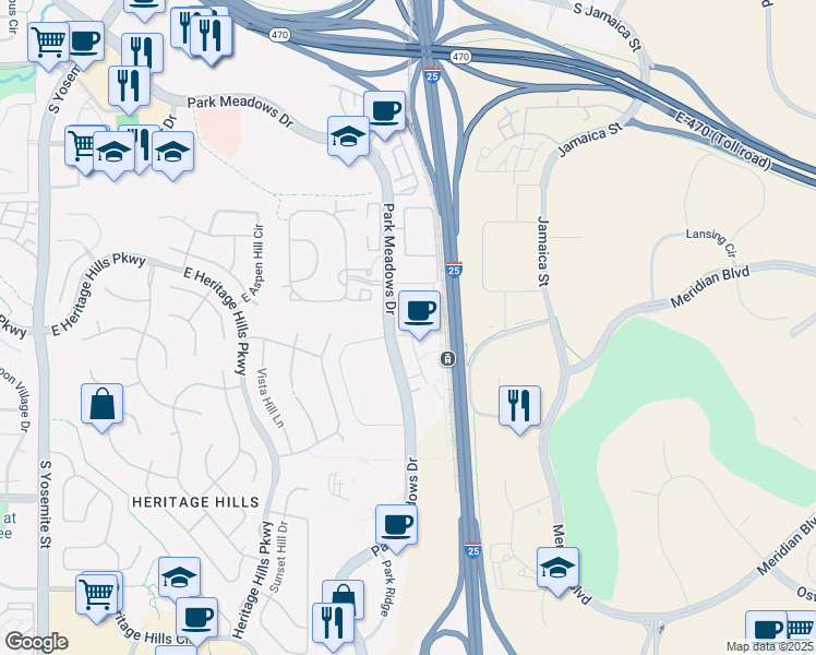 map of restaurants, bars, coffee shops, grocery stores, and more near 10177 Station Street in Lone Tree
