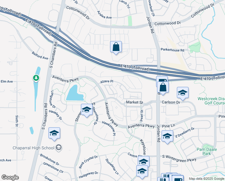 map of restaurants, bars, coffee shops, grocery stores, and more near 9301 Amison Circle in Parker