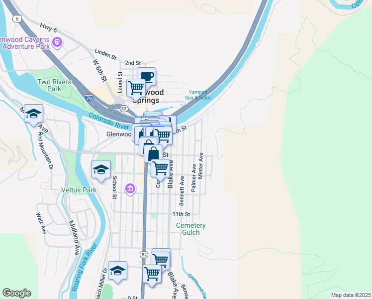 map of restaurants, bars, coffee shops, grocery stores, and more near 723 Bennett Avenue in Glenwood Springs