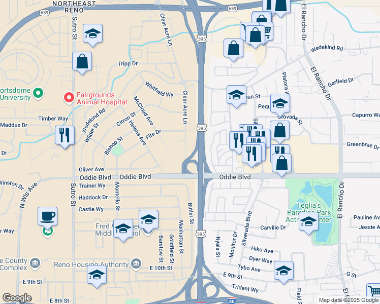 map of restaurants, bars, coffee shops, grocery stores, and more near 1976 Clear Acre Lane in Reno