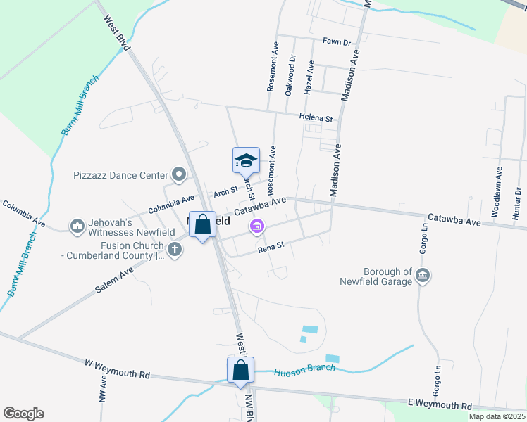 map of restaurants, bars, coffee shops, grocery stores, and more near Catawba Avenue in Newfield