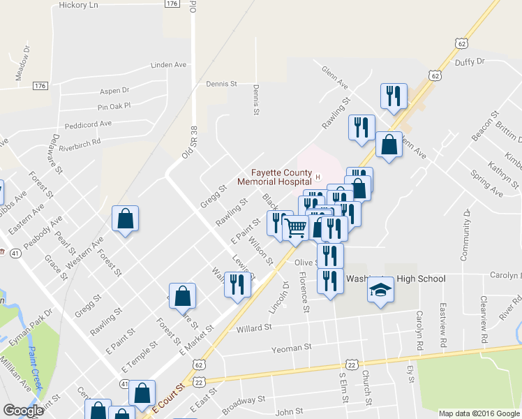 map of restaurants, bars, coffee shops, grocery stores, and more near 1143 Rawling Street in Washington Court House