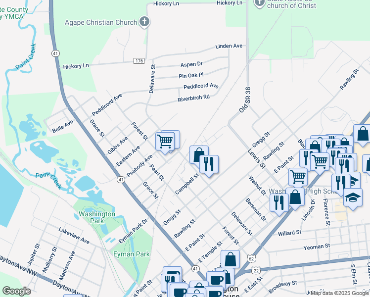 map of restaurants, bars, coffee shops, grocery stores, and more near 713 Peabody Avenue in Washington Court House