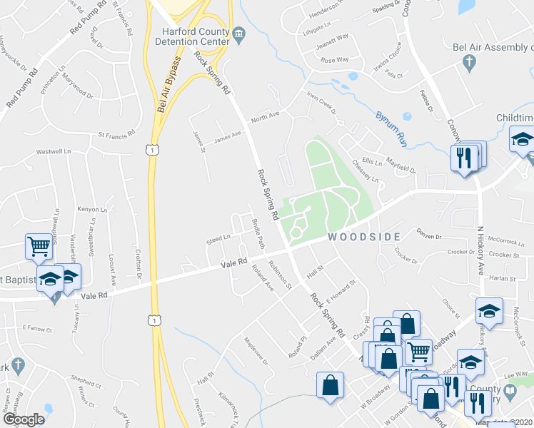 map of restaurants, bars, coffee shops, grocery stores, and more near 816 Rock Spring Road in Bel Air