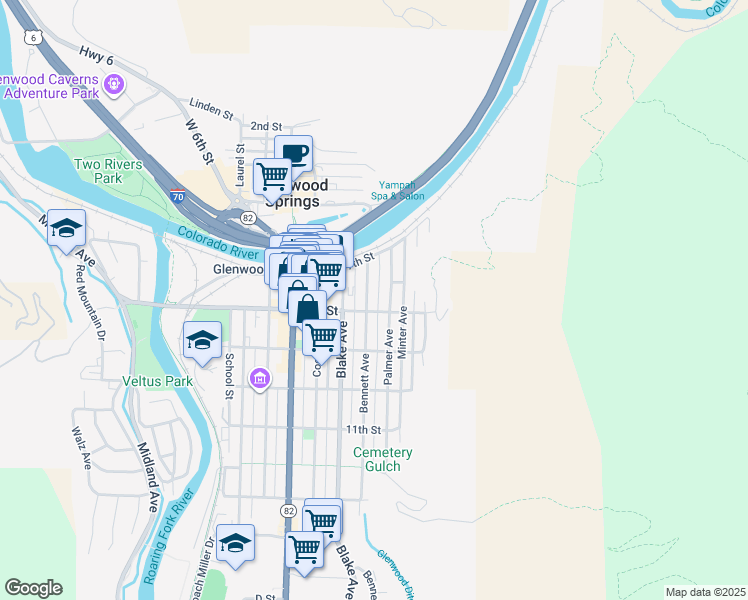 map of restaurants, bars, coffee shops, grocery stores, and more near 723 Bennett Avenue in Glenwood Springs