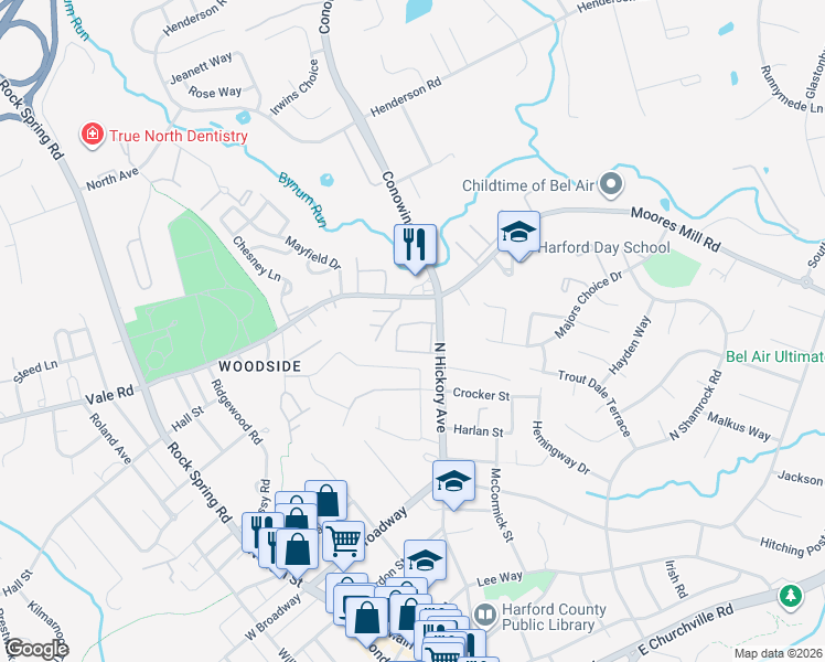 map of restaurants, bars, coffee shops, grocery stores, and more near 207 Kings Crossing Circle in Bel Air