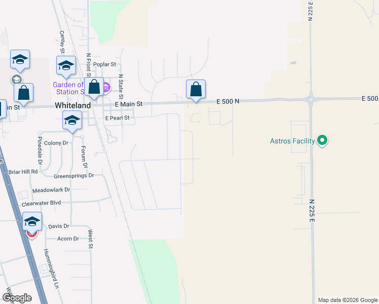 map of restaurants, bars, coffee shops, grocery stores, and more near 1657 East 500 North in Whiteland