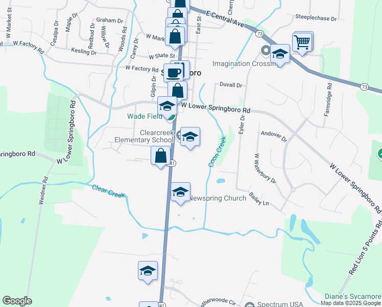 map of restaurants, bars, coffee shops, grocery stores, and more near 750 South Main Street in Springboro