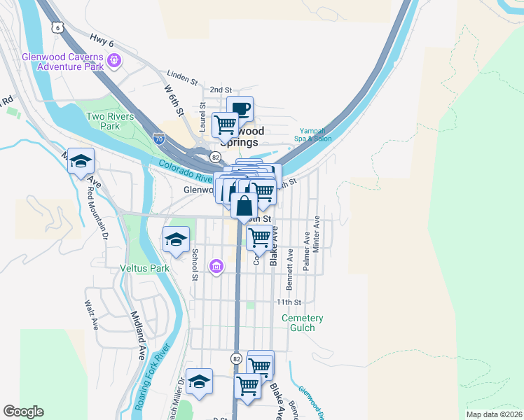 map of restaurants, bars, coffee shops, grocery stores, and more near 710 Cooper Avenue in Glenwood Springs
