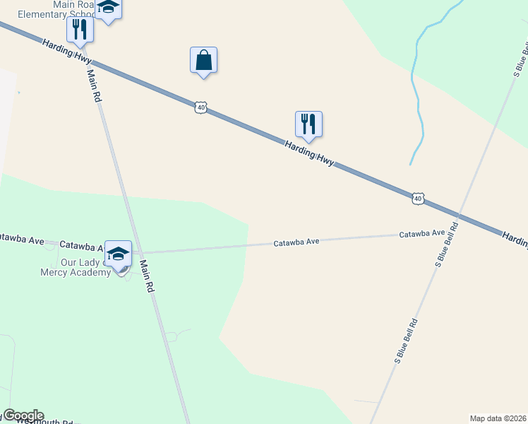 map of restaurants, bars, coffee shops, grocery stores, and more near 1445 Catawba Avenue in Newfield