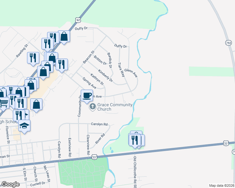 map of restaurants, bars, coffee shops, grocery stores, and more near 785 Kimberly Drive in Washington Court House
