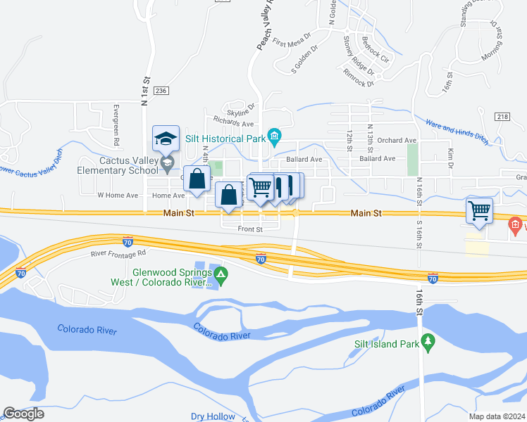 map of restaurants, bars, coffee shops, grocery stores, and more near 712 Main Street in Silt