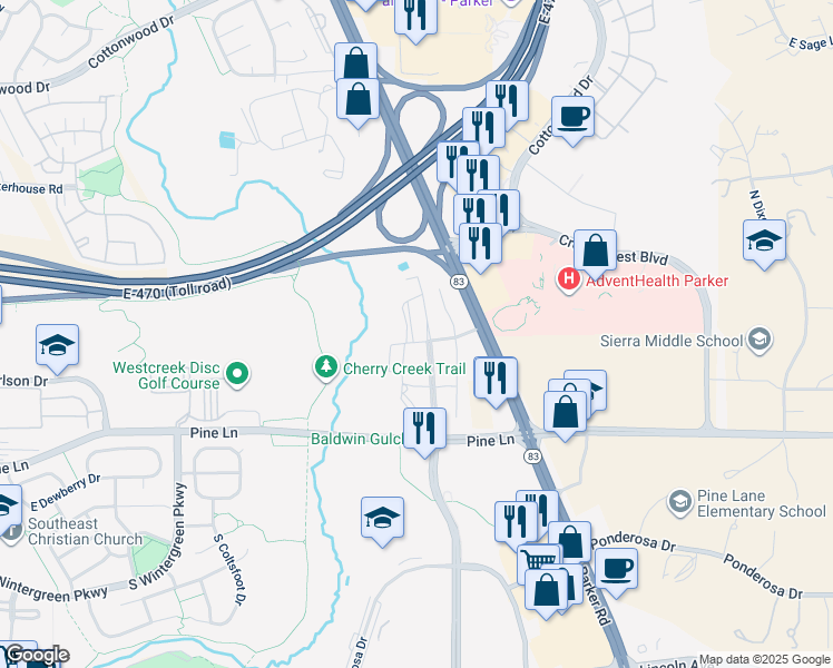 map of restaurants, bars, coffee shops, grocery stores, and more near 9287 South Twenty Mile Road in Parker