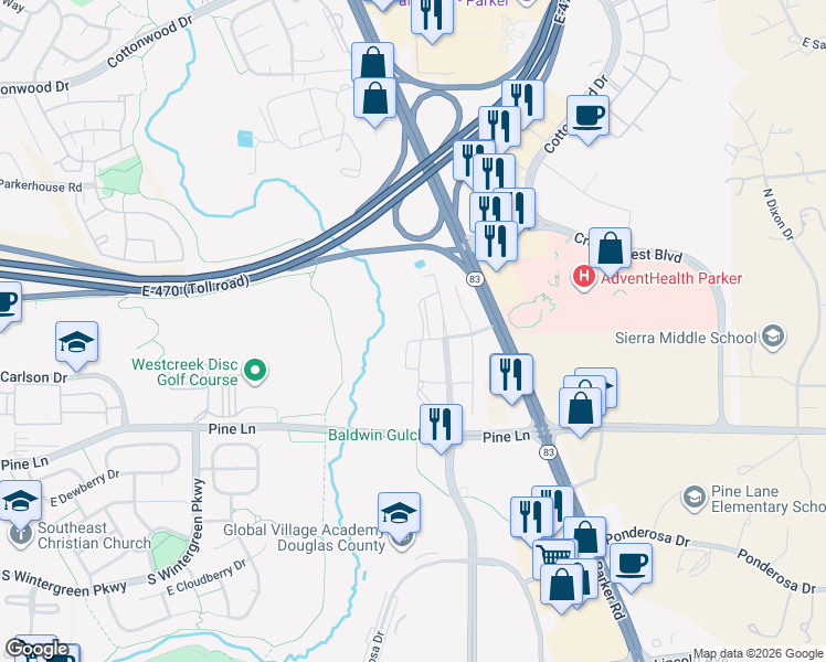 map of restaurants, bars, coffee shops, grocery stores, and more near 9283 South Twenty Mile Road in Parker