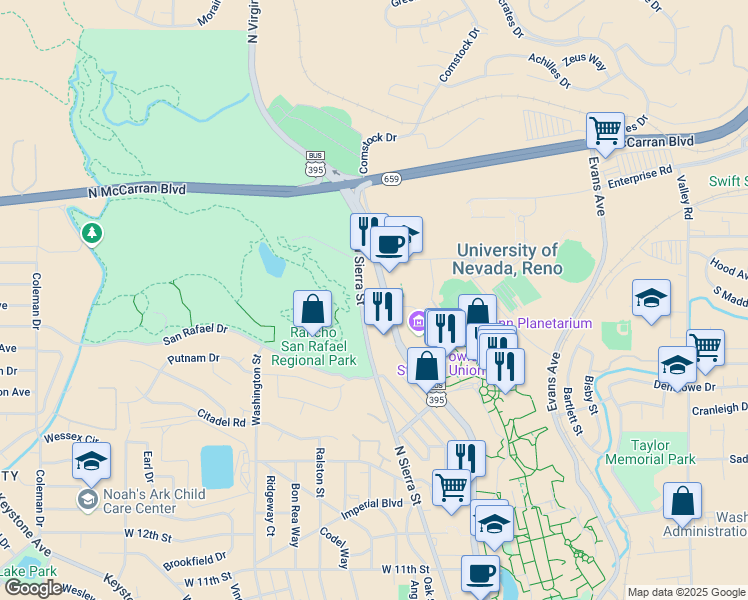 map of restaurants, bars, coffee shops, grocery stores, and more near 1661 North Virginia Street in Reno